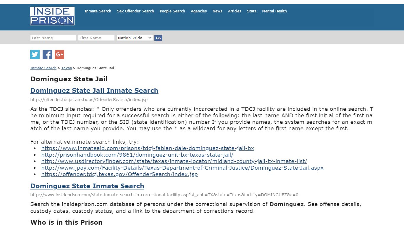 Dominguez State Jail - Texas - Inmate Search